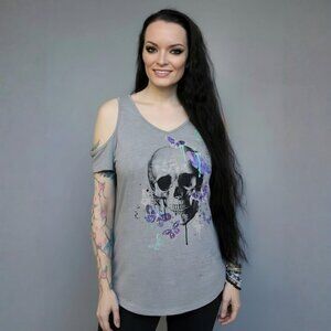 Midnight Hour ✦ Gray Skull Butterfly Top ✦ Cold Shoulder w/ Crisscross Back
